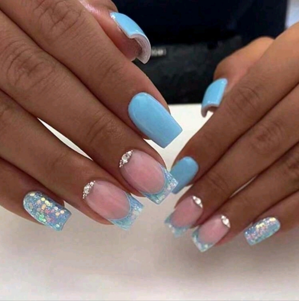 Blue Glitter French Tip Acrylic Nails with Rhinestones